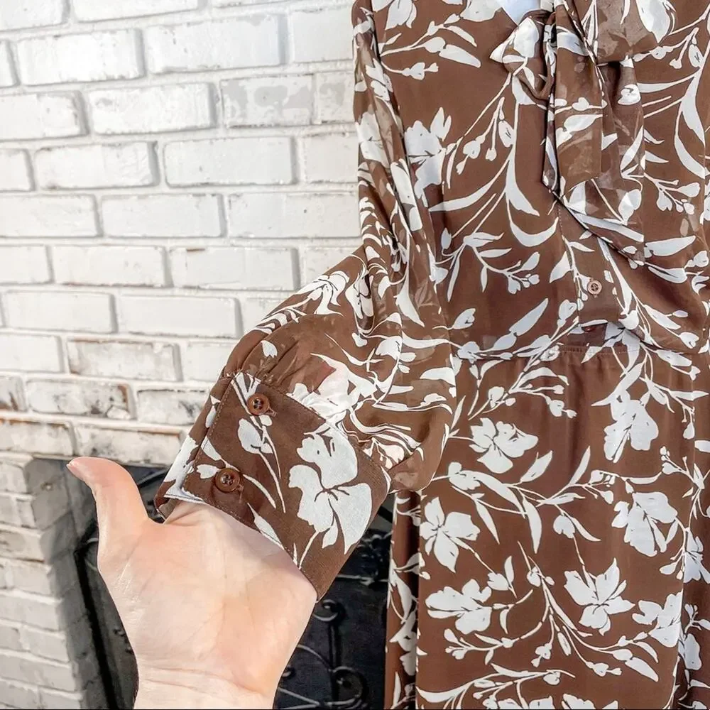 Lane Bryant Tie Neck Bow Brown and Off White Floral Sheer Midi Dress 22